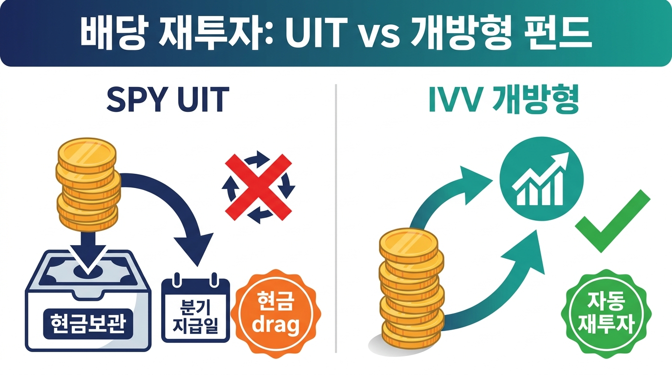 SPY의 UIT 구조와 IVV의 개방형 펀드 배당 재투자 방식 비교