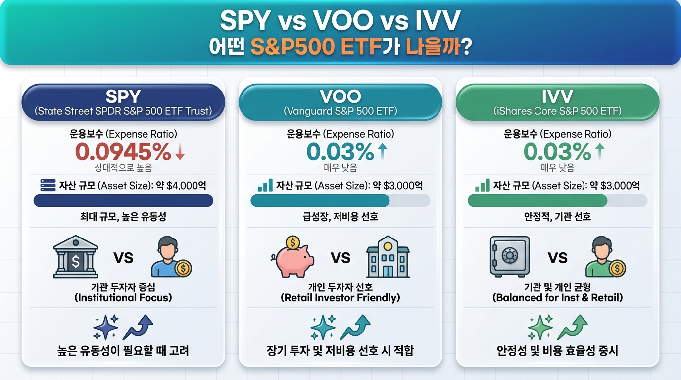 SPY, VOO, IVV 등 S&P500 ETF의 운용보수와 특징 비교
