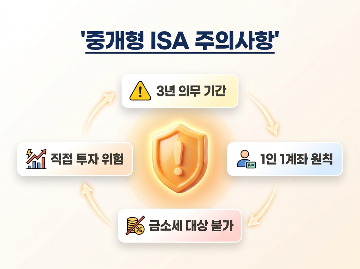 ISA 3년 의무 가입 기간과 중도 해지 시 불이익을 정리한 이미지