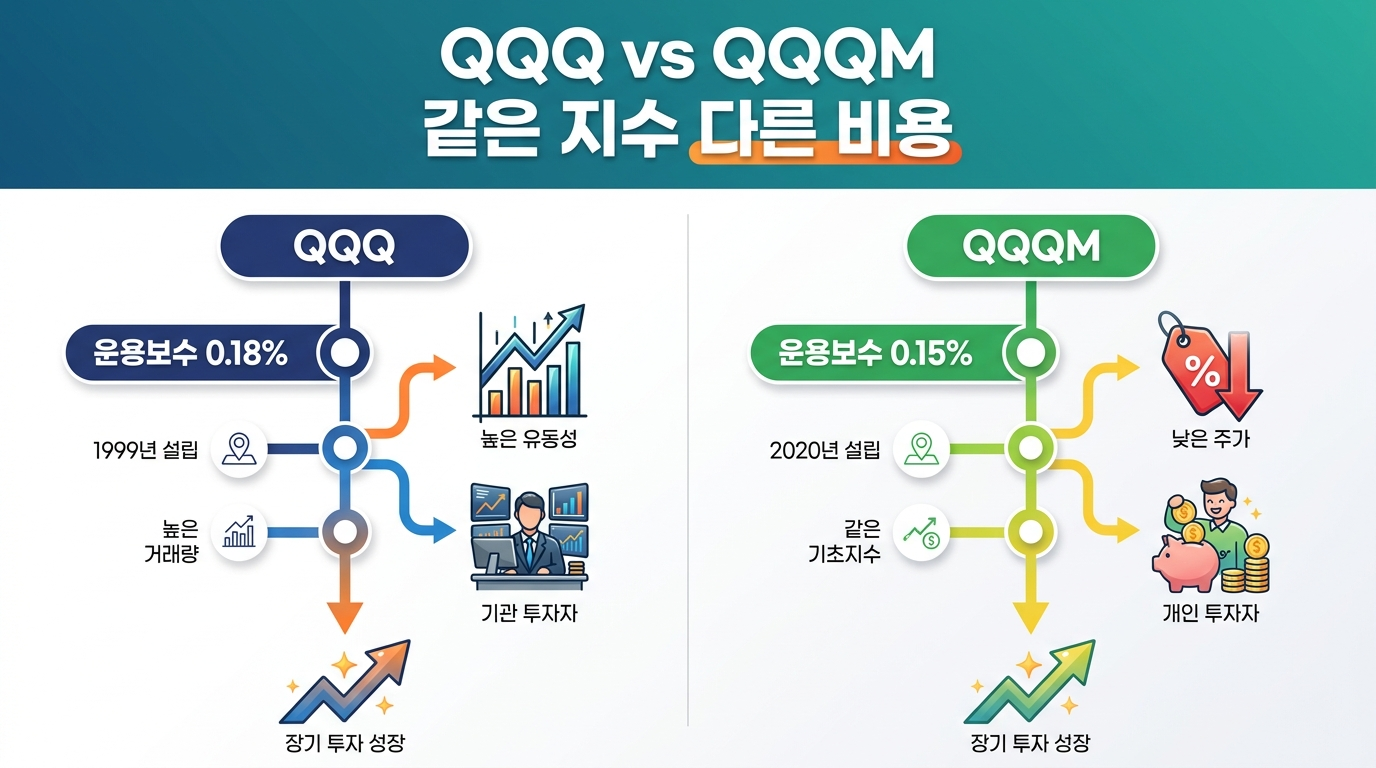 나스닥100을 추종하는 QQQ와 QQQM의 운용보수 및 주당 가격 비교
