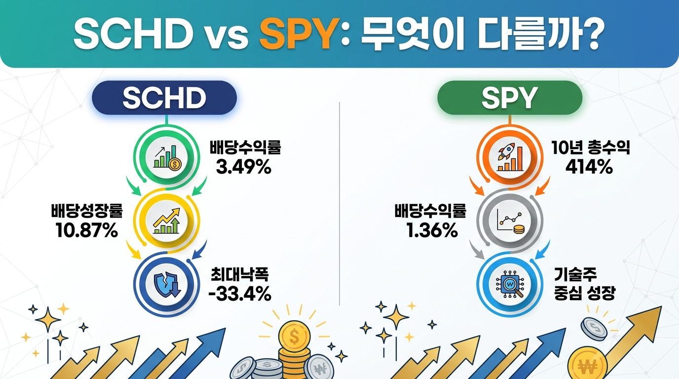 SCHD와 SPY의 10년 수익률 및 배당 비교 차트