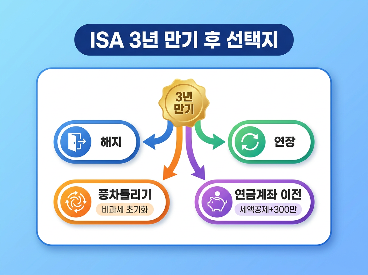 ISA 3년 만기 후 해지·연장·연금계좌 이전·풍차돌리기 선택지를 정리한 이미지