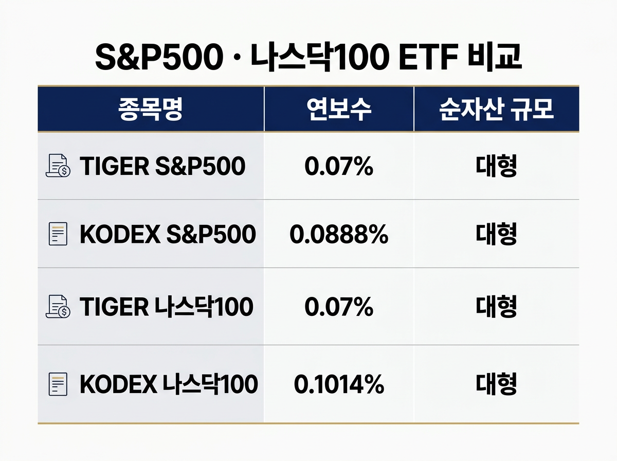 국내상장 S&P500·나스닥100 ETF 순자산과 총보수 비교
