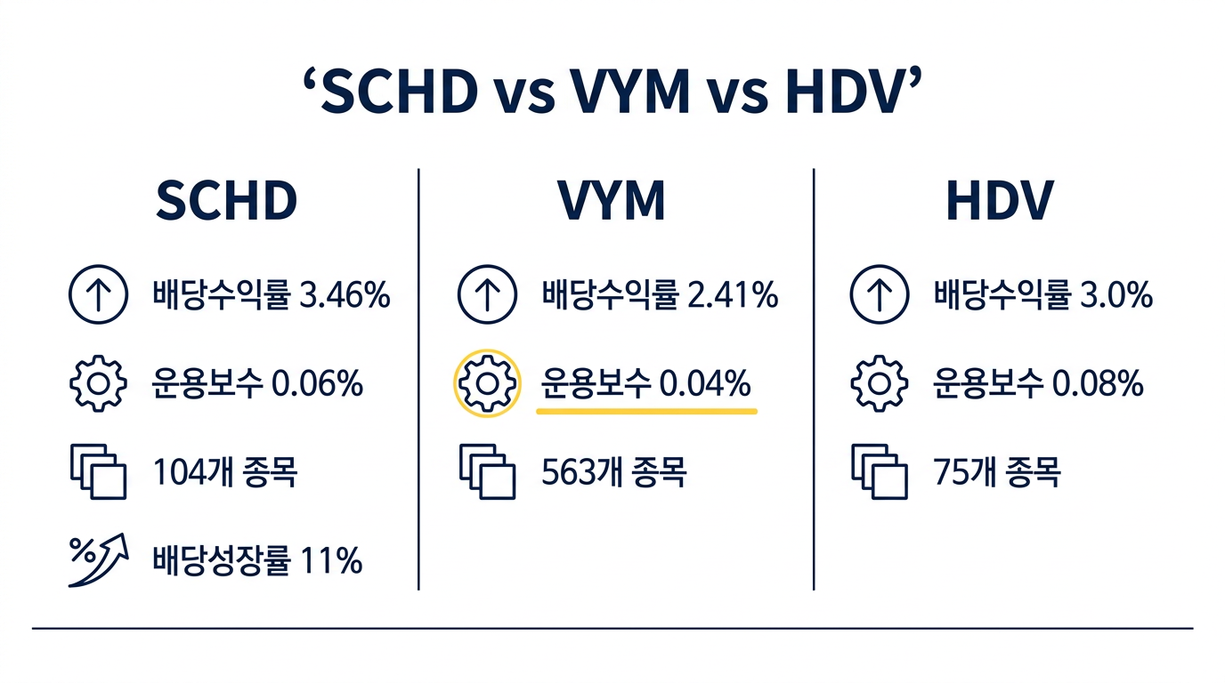 SCHD VYM HDV 배당 수익률과 운용보수 비교 자료