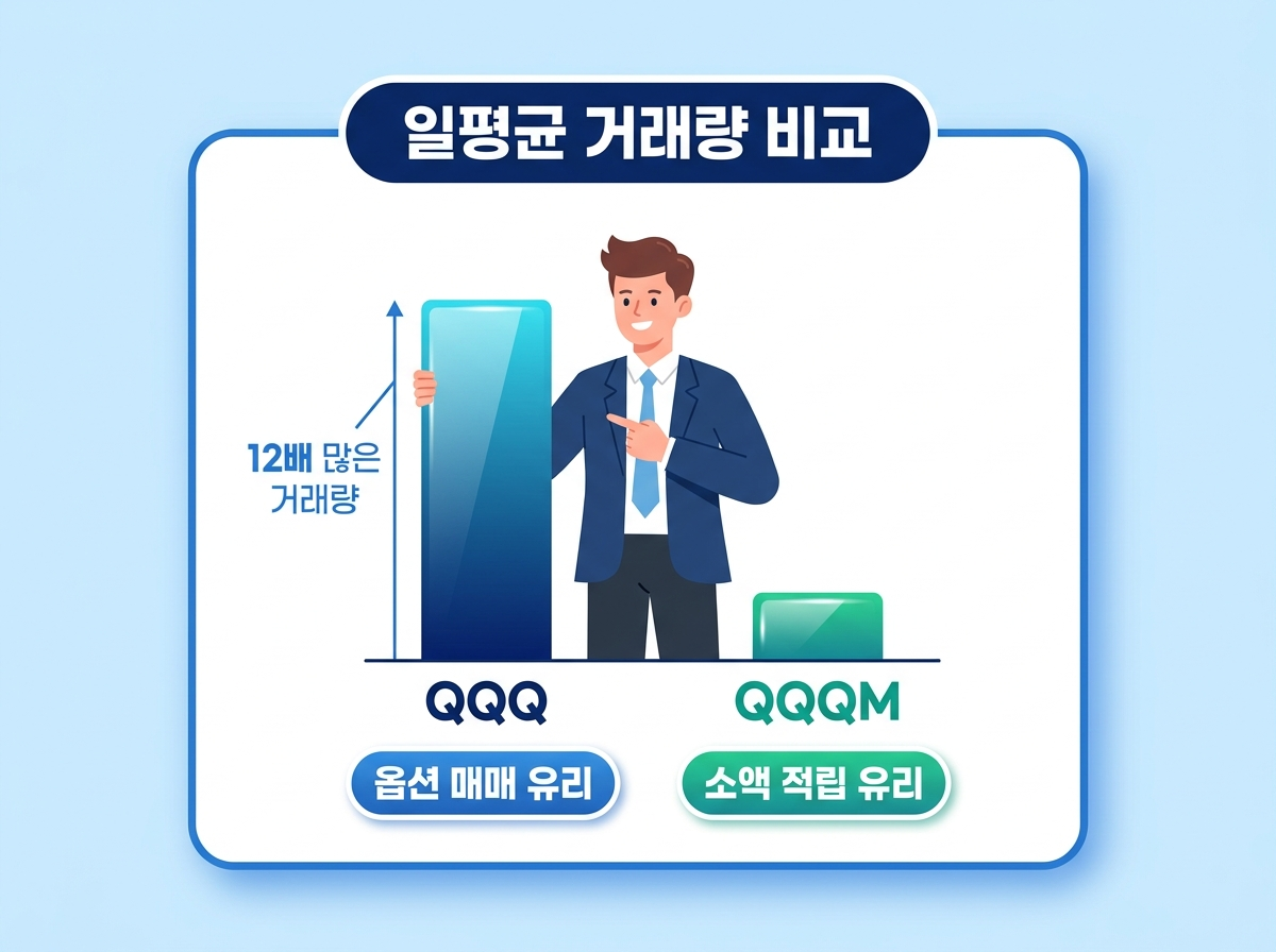 QQQ와 QQQM의 주당 가격 및 거래량 차이 비교