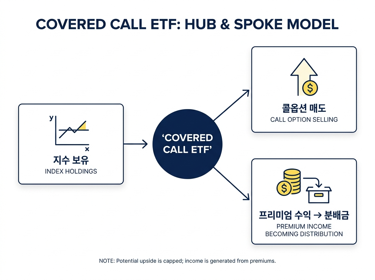 커버드콜 ETF의 콜옵션 매도 수익 구조 도식