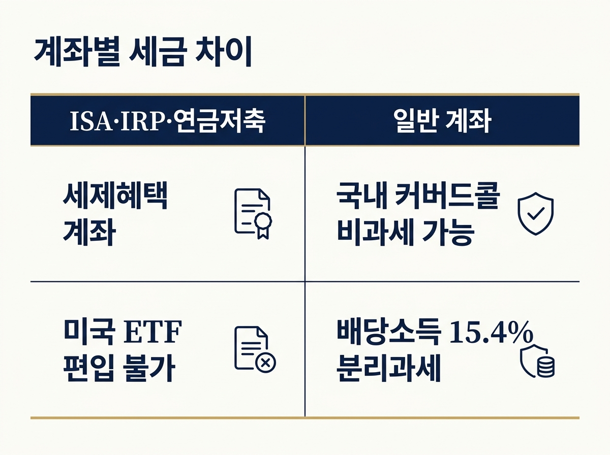 국내 상장과 미국 상장 ETF의 세금 차이를 정리한 이미지