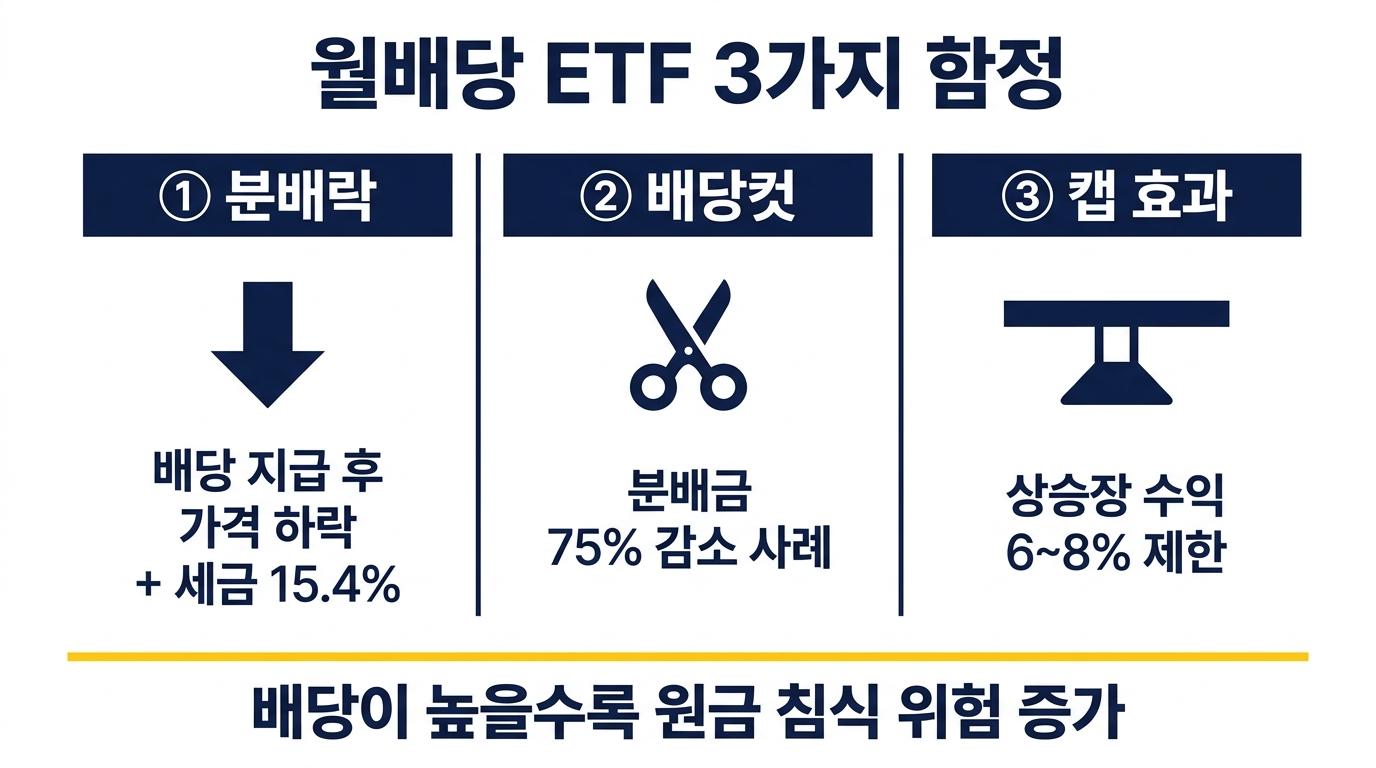 분배락과 커버드콜 상승 제한으로 원금이 줄어드는 구조 비교