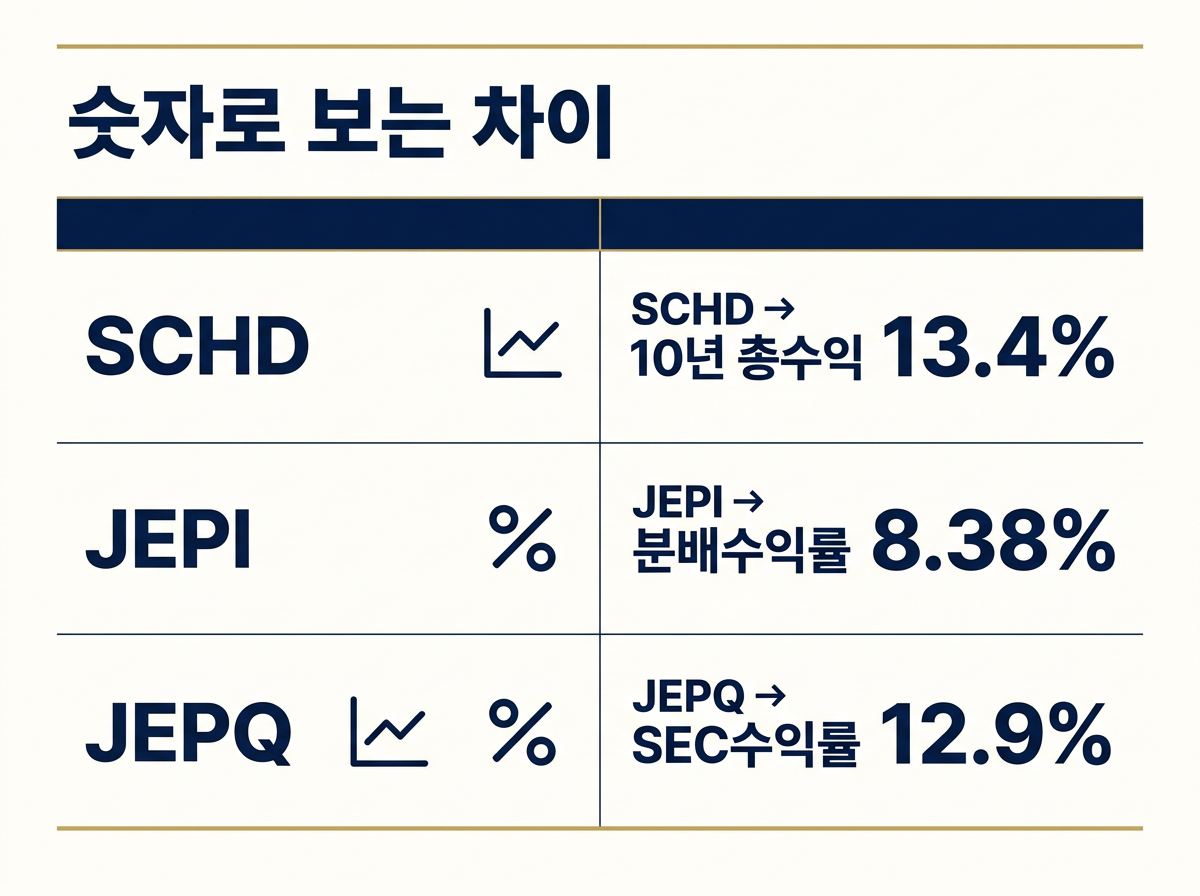 SCHD와 JEPI, JEPQ의 수익률을 비교한 이미지