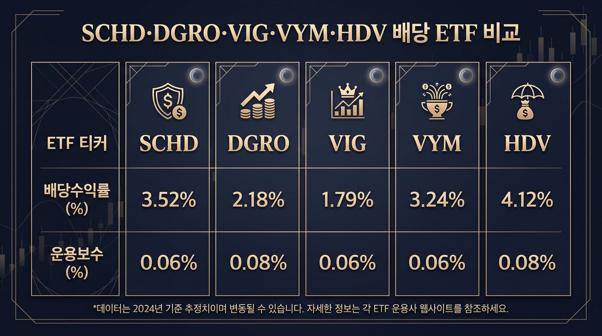 SCHD·DGRO·VIG·VYM·HDV 배당 ETF 비교 이미지